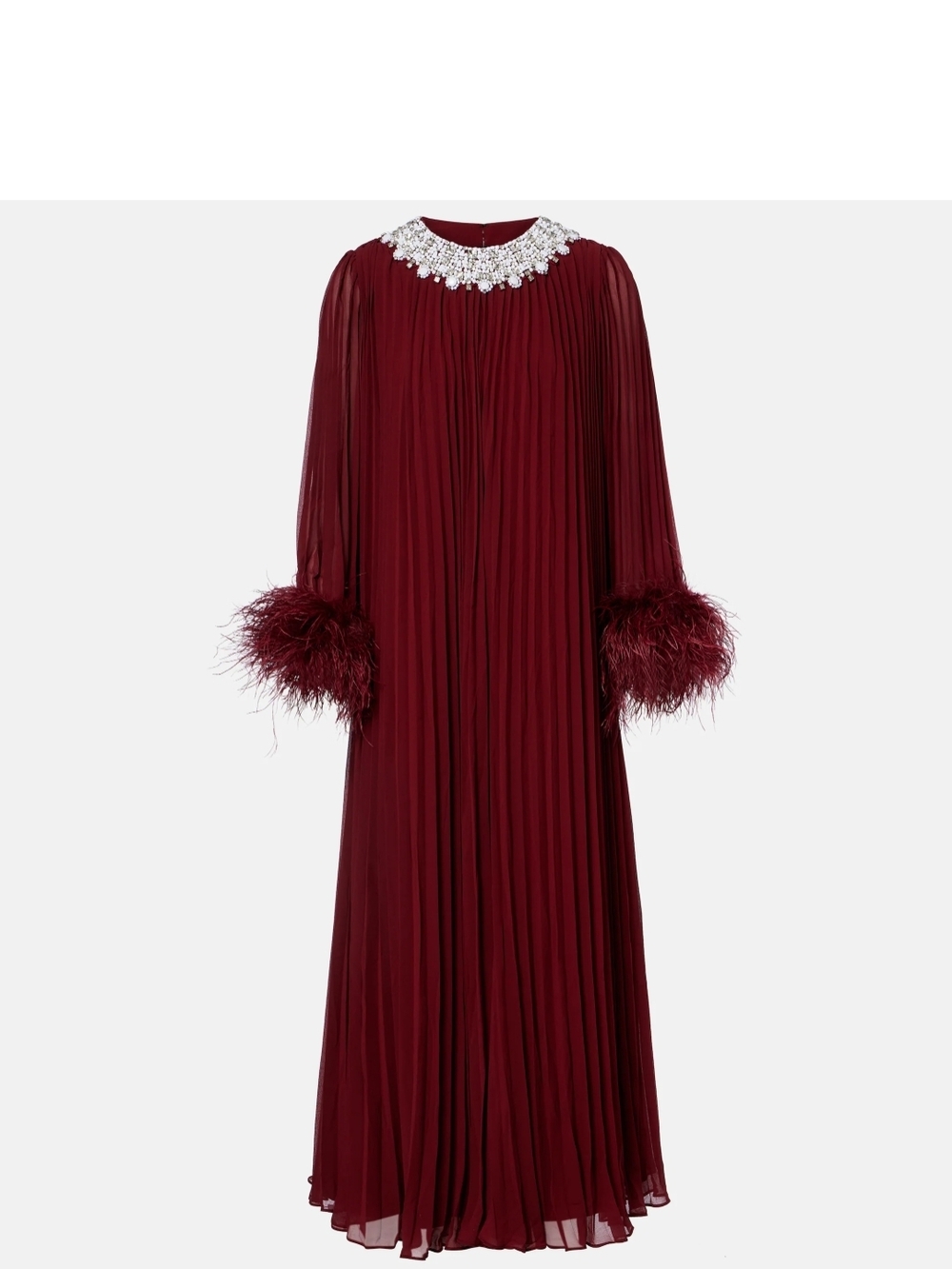 self-portrait Crystal-Embellished Burgundy Pleated Maxi Dress with Feather Cuffs